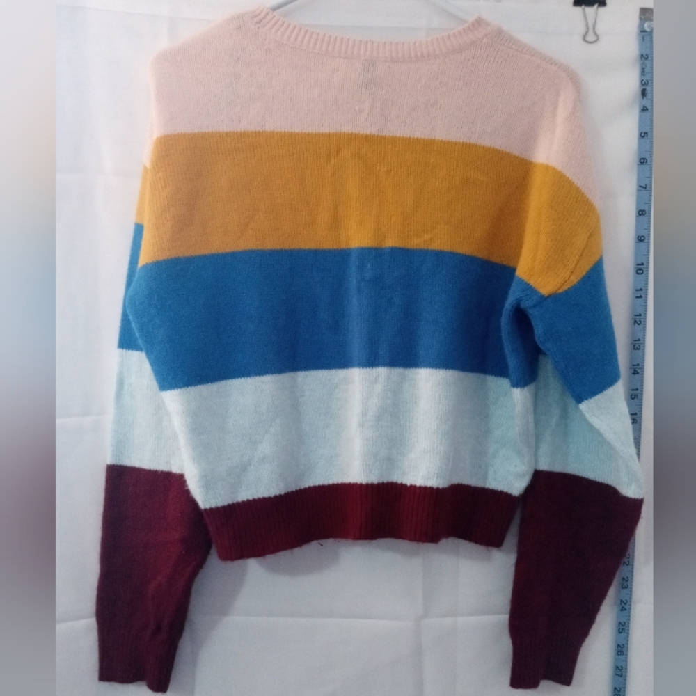H&M Divided Colorblock Striped Crewneck Sweater Pink Yellow Blue Maroon  Small - Picture 3 of 7